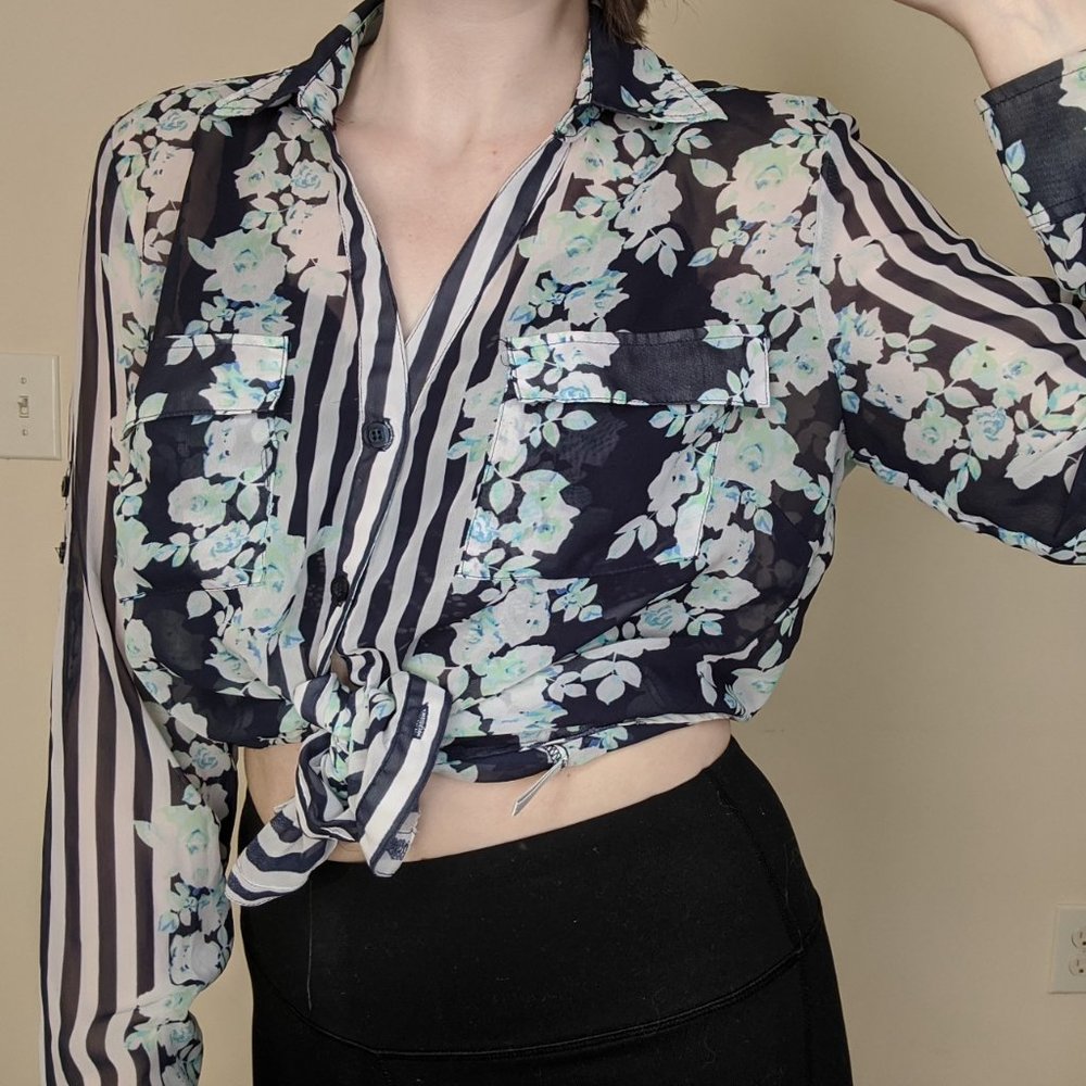 Sheer Floral and Striped Longline Button Up Blouse